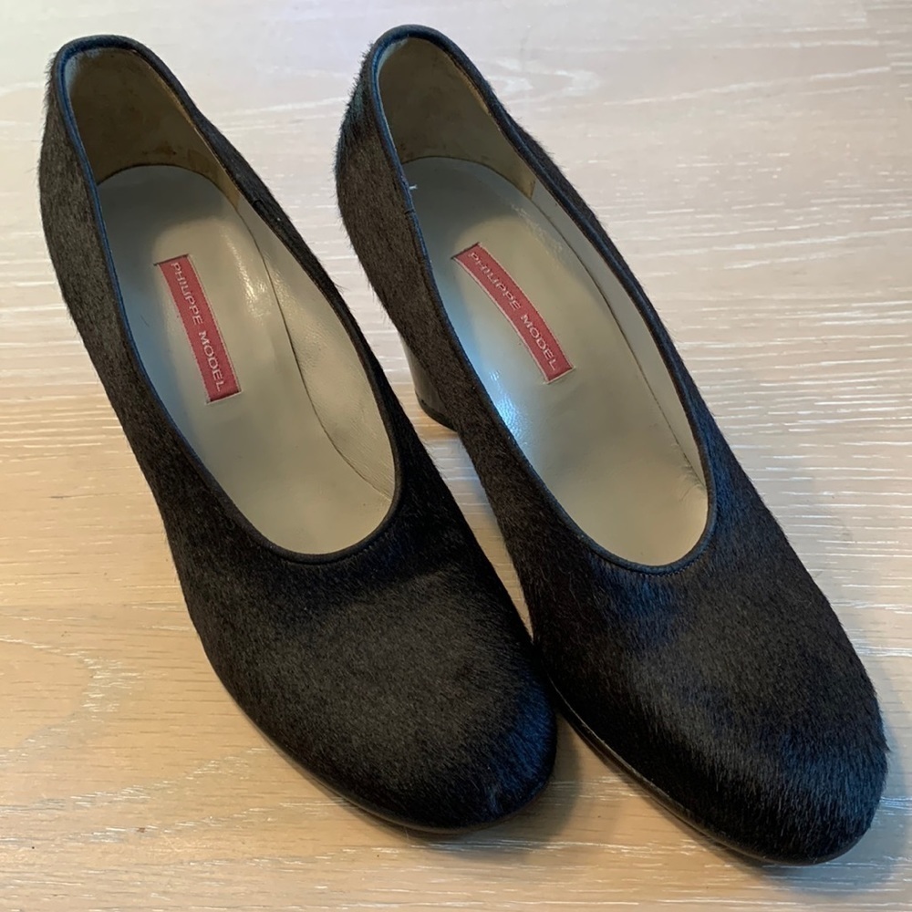 Philippe Model calf’s hair black heels with art style heels, EU Size 37 NWOT